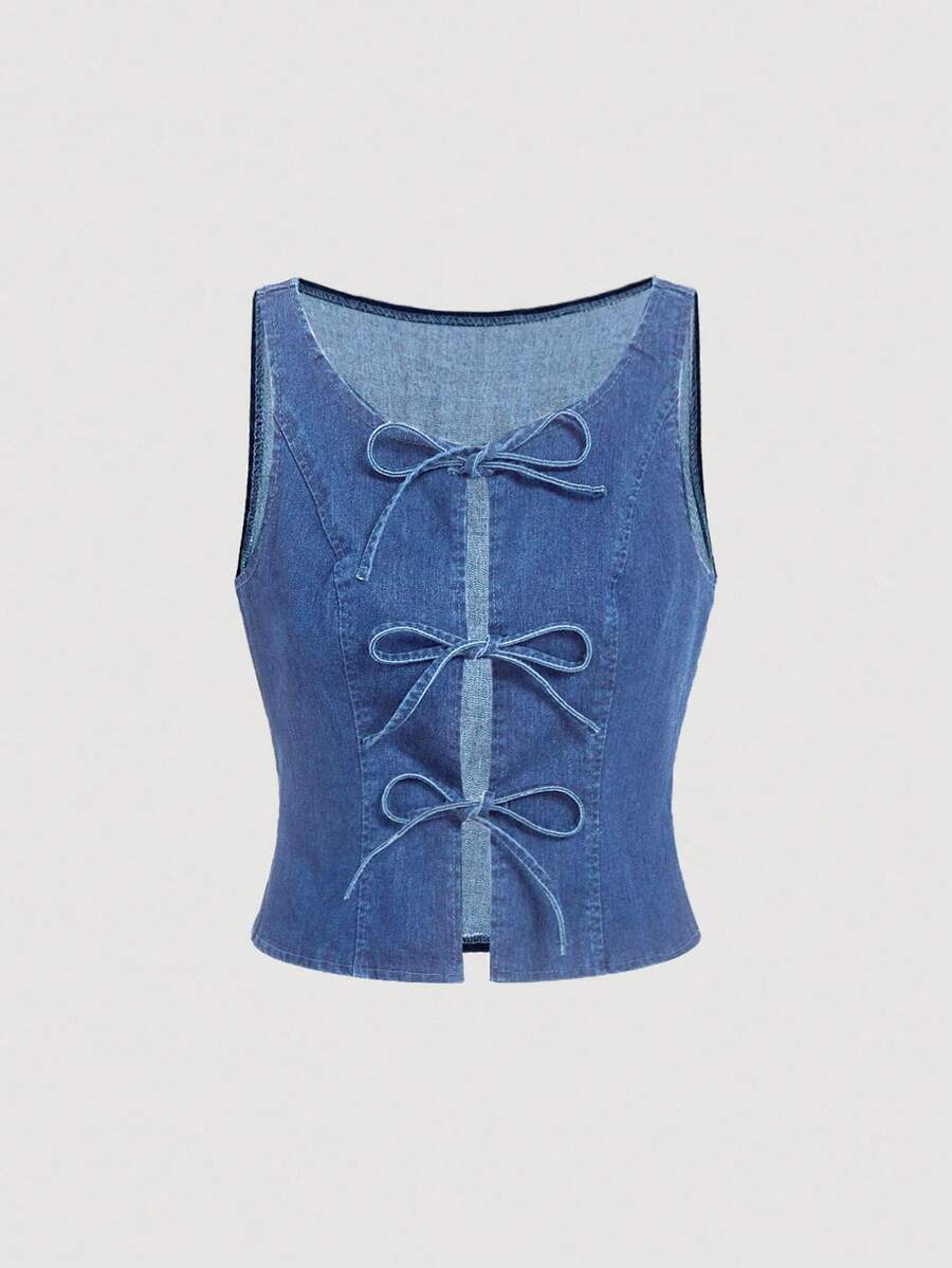 SHEIN MOD 女士蓝色打结圆领休闲百搭牛仔无袖上衣 - 中等水洗藍 - 查看 1