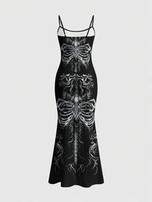 ROMWE Gothic Dark Mysterious Skeleton Snake Garden Hippie Sexy Goth Dark Mysterious Long Dress For Women - Black - View 2