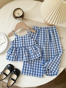 SHEIN Babygirl Summer Cute Vacation Casual Blue & White Plaid Ruffle Trim Camisole & Elastic Waist Pants Set - Blue - View 4