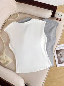 SHEIN 2pcs/Set Teen Girls V-Neck Sleeveless T-Shirts With Built-In Pads, Casual Versatile Daily Wear, White & Gray - Multicolor - View 8