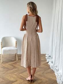 SHEIN LUNE 女士休闲格子撞色无袖中长连衣裙，春夏日常基本款 - 卡其色 - 查看 2