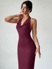 Firerie Women's Summer Seductive Rose Gold Beaded Halter Neck Maxi Dress, V-Neck Draped Backless Bodycon Party Dress For Graduation Music Festival - Red Violet - View 6