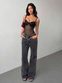 Aloruh Women's Sexy Sheer Mesh & Contrast Lace Sleeveless Bodysuit, Summer - Black - View 6