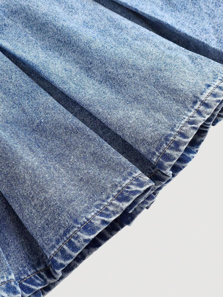 2Pcs Tween Girls Fashion Casual Y2k Vintage Cool Street Blue Asymmetrical Design Short-Sleeved Denim Shirt And Loose Comfortable And Simple Pleated Denim Skirt Set Of Two Pieces For Kids Clothes Tween Girls Dailywear And Kids Spring To Summer Rave Outfits Festival And Outfits Streetwear Clothes - Blue - View 4