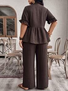 EMERY ROSE Plus Size Women's Brown 2 Pieces Set,V-Neck Short Sleeve Shirt And Wide Leg Pants,Summer Tropical Holiday Mother's Day Outfit Tea Party Casual Set - Brown - View 2