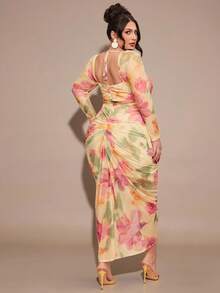 SHEIN BAE 大码女式黄色褶皱荷叶边连衣裙，情人节连衣裙，婚纱，毕业礼服，返校连衣裙，生日派对连衣裙，情人节连衣裙，优雅连衣裙。网纱连衣裙，大码度假装，曲线美大码夏威夷风情套装，波西米亚风大码纱丽。 - 黃色 - 查看 7