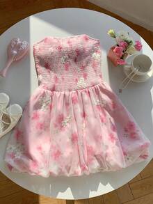 Comfortcana Women's Floral Print Strapless Backless Mini Dress, Vacation Style - Baby Pink - View 7