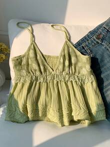 Comfortcana 女士镂空撞色蕾丝荷叶边吊带背心 2026 新款春夏时尚女装，适合海滩度假休闲穿着，绿色上衣 - 綠色 - 查看 6