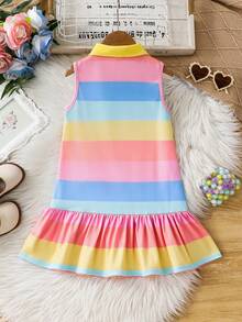 Young Girl Casual Home Fitted Sweet Cute Rainbow Striped Button Front Collared Sleeveless Patchwork Frill Trim A-Line Dress T-Shirt Dress Polo Dress Kids Strip Dress Toddler Rainbow Dress Girl Pastel Spring Dress Toddler Tennis Dress - Multicolor - View 9