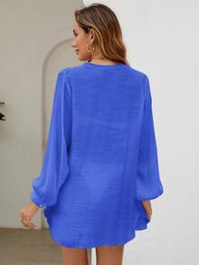 Swim Lushoire Navy Blue Summer Beach Resort Long Sleeve Open Front Women Kimono Cover Up - Royal Blue - View 3