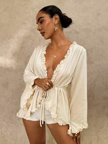 Glamine Ruffle Cinched Waist Loose Blouse For Women - Beige - View 3