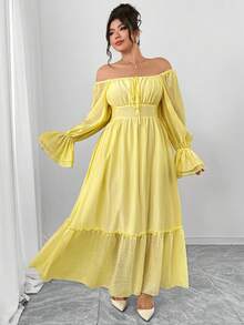 Elenzga Plus Size Women's Elegant Yellow Autumn Maxi Dress,Bow Tie Chest Mesh Patchwork Ruffle Hem Long Sleeve Gathered Waist A-Line Vacation Holiday Dress - Light Yellow - View 3