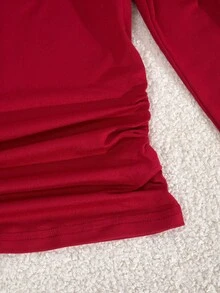 少女休闲通勤时尚运动风刺绣撞色V领褶皱修身T恤搭配抽绳阔腿裤套装，春秋季 - 酒紅色 - 查看 6