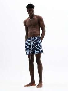 SUMWON Tropical Leaf Print Swim Trunks With Elastic Waistband And Side Pockets For Beach Vacation Summer Swimming - Blue - View 4