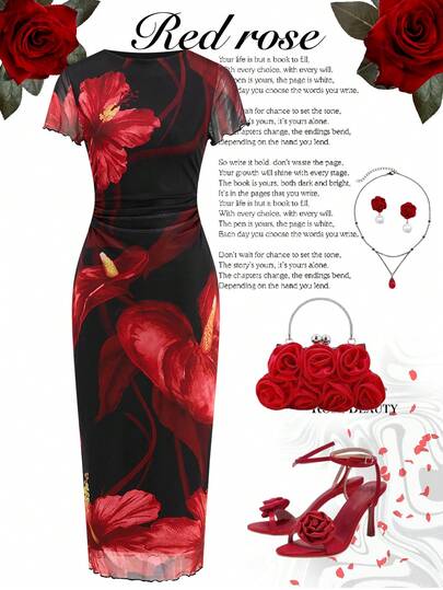 Ellevyn Romantic Elegant Floral Printed Mesh Midi Dress For Women