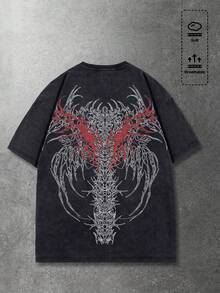 ROMWE MEN 男士极简主义印花圆领短袖街头风T恤 - 黑色 - 查看 1