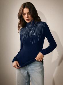 Anewsta Embellished Rhinestone Half High Neck Long Sleeve Knit T-Shirt, Elegant Blouse For Women, Autumn/Winter Outfit - Navy Blue - View 7