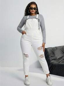 SHEIN SXY Plus Size Women Pocket Distressed Skinny Casual Bib Overall Jumpsuit - White - View 3