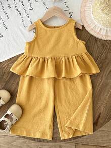 LMoss Kids Baby Girl Summer Casual Solid Color Ruffle Hem Top And Pants Set - Yellow - View 4