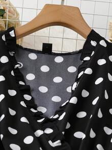Franclia Plus Size Polka Dot Ruffle Hem Tie-Waist Dress - Black and White - View 5