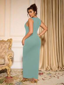 Cravure Plus Size Elegant Solid Color Sleeveless Fitted Dress, Summer - Lime Green - View 2