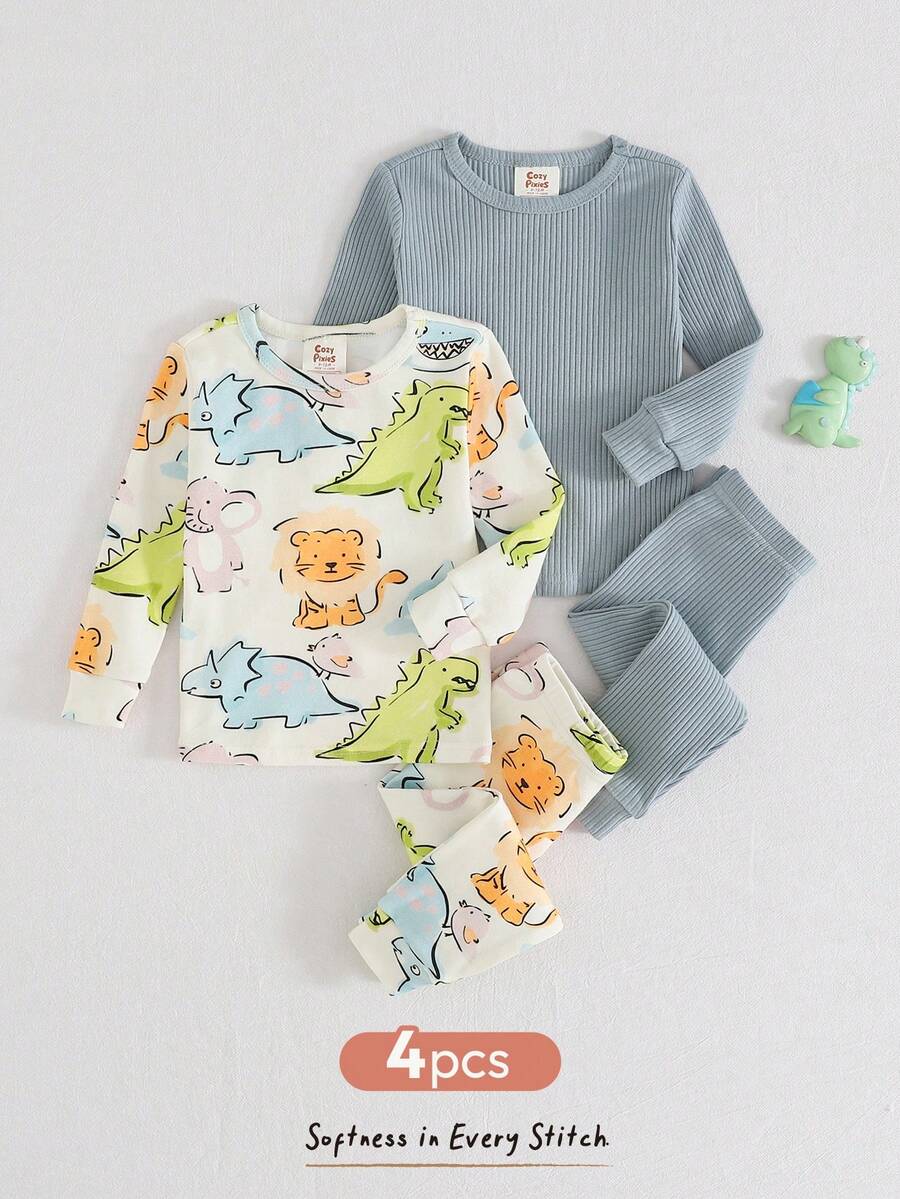 Cozy Pixies 4pcs Baby Boy Snug Fit Pajama Set - Round Neck Long Sleeve Top And Elastic Waist Long Pants Boys Pajama Sets Cotton Baby Pj Set Boy Baby Boy Clothes Dinosaur Baby Unisex Clothes Sets Baby Boy Clothes Long Sleeve - Multicolor - View 1