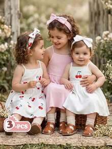 SHEIN Vintaside Kids Set de 3 vestidos sencillos y cómodos con estampado floral y de mariposas para niña bebé - Multicolor - Ver 4