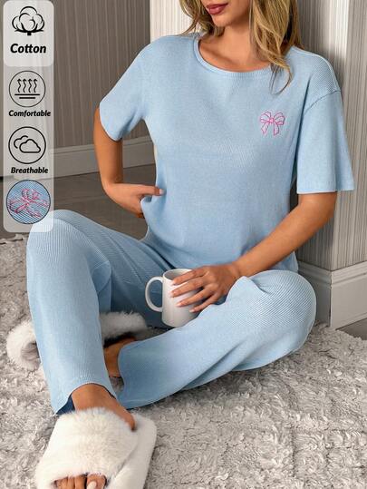 EURMUSE Women 2pcs Rib Knit With Bow Embroidery Detail Homewear Comfort Lounge Set For Women