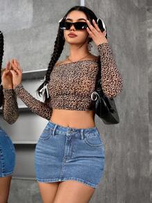 SHEIN PETITE Women's Textured Pattern Light Wash Denim Mini Skort Casual Style - Light Wash - View 5