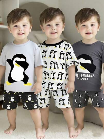 SHEIN 6件套男童可爱卡通企鹅印花休闲家居服套装，舒适时尚，百搭实用，适合日常穿着和派对场合。