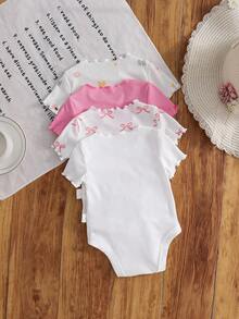 SHEIN LMoss Kids 4件套新生女宝宝夏季可爱针织卡通兔子碎花短袖连体衣套装 - 彩色 - 查看 2