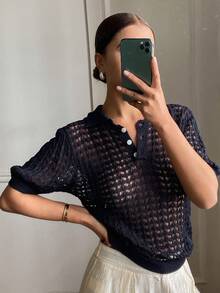 DAZY 女士纯色修身镂空 Polo 领短袖优雅正式针织上衣，春秋季 - 藏蓝色 - 查看 4