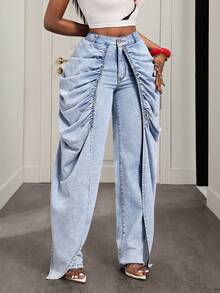 BamGleam 女士休闲褶皱宽松牛仔裤 - 藍色 - 查看 4