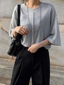 FRIFUL Women's Loose Fit Shiny Fabric Round Neck Short Sleeve T-Shirt, Suitable For Urban Commuting In Summer - Grey - View 2