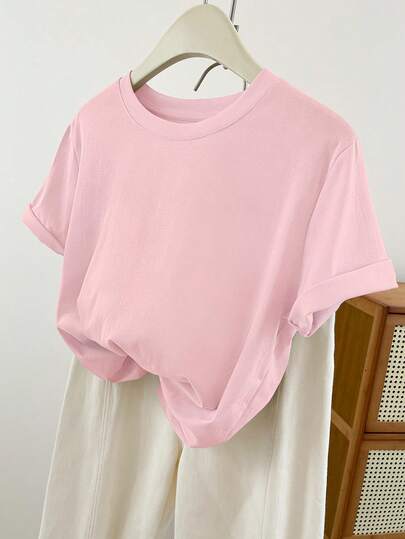 大码女式夏季纯色圆领短袖T恤