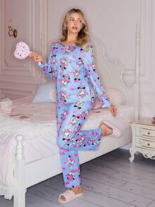 SweetSlumber Cute Rabbit & Heart Print Round Neck Long Sleeve Women Pajama Set - Multicolor - View 5