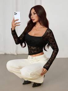 SHEIN PETITE Women's Floral Lace Asymmetric Hem Fitted Long Sleeve T-Shirt See Through Top Lace Crop Top Lace Long Sleeve Top - Black - View 7