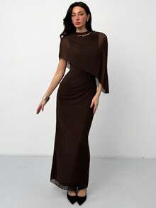 Aloruh Brown Minimalist Ruched Decor Long Tight Mesh Dress For Women, Autumn/Winter - Brown - View 7