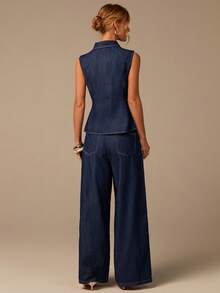 COSMINA Áo không tay cổ bẻ một hàng khuy dành cho nữ phối cùng quần jeans ống rộng, tạo nên trang phục thường ngày thoải mái, bộ đồ denim thanh lịch dành cho nữ, được trang trí bằng các nút kim loại lớn, thiết kế nút kim loại độc đáo, bộ đồ denim hai mảnh màu xanh dương, bộ đồ denim cho mùa xuân/hè, bộ đồ denim thanh lịch dành cho nữ. - Màu xanh lam - Xem 6