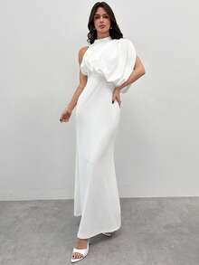 Firerie 女士优雅浪漫约会派对婚礼宾客连衣裙，不对称褶皱肩部长袖修身连衣裙，适合情人节、约会、派对、下午茶、度假、拍照等场合，新款女士连衣裙 - 白色 - 查看 3