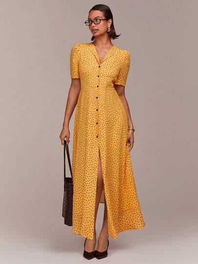 COSMINA Elegant prickig långärmad klänning med utsvängd midja för kvinnor, lämplig för semester, fest, bankett och utomhustillfällen