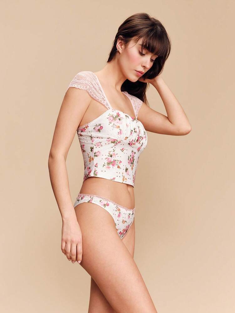 Floral Print Broidery Vintage Cute Top With Pink Lace Sleeves And Matching Knicker Lingerie Set Cute Lingerie Set Flower Lingerie Set
