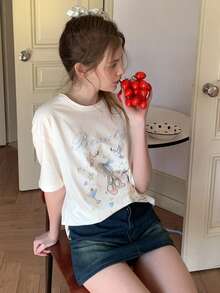 DAZY Teen Girl Letter & Bow Print Round Neck Loose Casual Short Sleeve T-Shirt