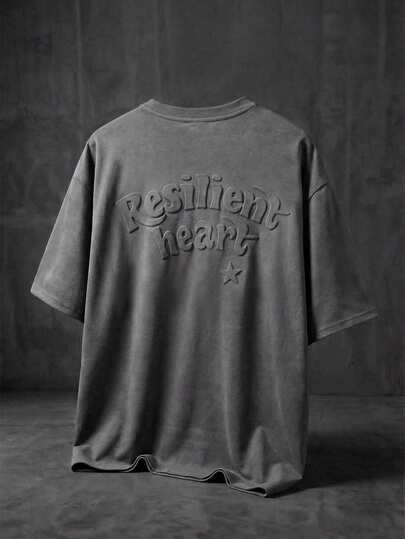 AXEPEAK Men's Casual Fashion Street Daily Commute Letter Star Embossed Decor Drop Shoulder Loose T-Shirt, Summer