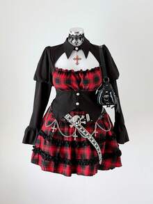 Sunspun New Retro Punk Dark Elegant Plaid Puff Sleeve Cinched Waist Slim Fit Shirt Polo Collar Top Paired With Elastic Waist Layered Ruffle Mini Skirt 2 Pieces Set, Elegant, Cosplay Dark Style Lolita Bell Sleeve Hollow Design Top + Plaid Puff Skirt Suit - Multicolor - View 3