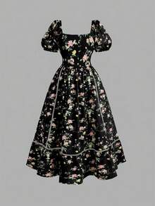 SHEIN MOD 大码碎花撞色滚边连衣裙，浪漫假日 - 黑色 - 查看 2