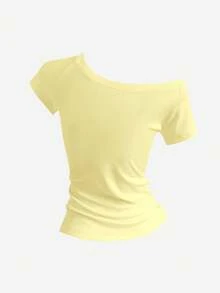 Sweetra Women's Summer Slim Fit Asymmetrical Shoulder T-Shirt, Hibiscus Floral Beach Basic Asymmetrical Shoulder Top - Yellow - View 2