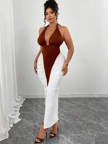 Elenzga Plus Size Dress,White,Summer,Girlism,Bachelorette Party,Night,Ruched Mermaid Hem Spaghetti Strap Twist Front Deep V European Style Color Blocking - Multicolor - View 3