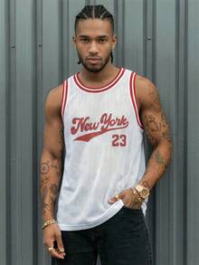 AXEPEAK Áo ba lỗ bóng rổ nam, vải lưới đan NEW YORK 23 in họa tiết sọc, cổ áo và cổ tay áo - trắng - Xem 1