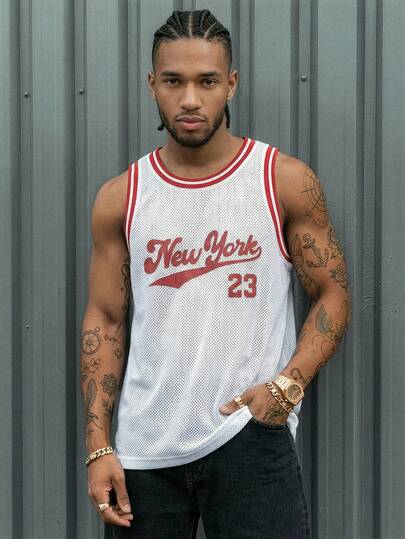 AXEPEAK Men's Basketball Jersey Tank Top, Knit Mesh Fabric NEW YORK 23 Print Striped Ribbed Collar & Cuffs